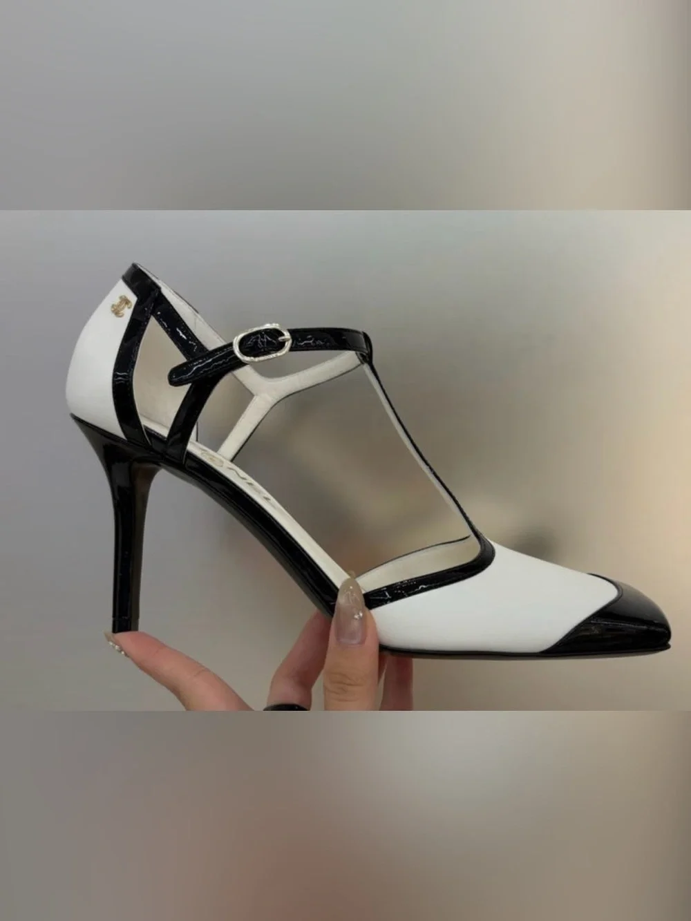 Authentic CHANEL Black and White T-Strap Pointed Toe Heel in box